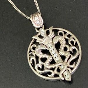 Vintage 925 Sterling Silver Pendant Two Cobras And Sword With Cubic Zirconia